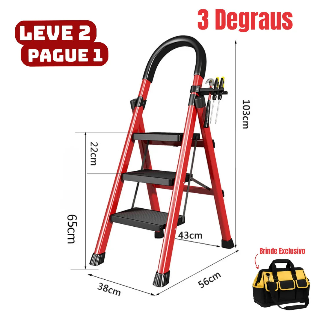 [Leve 2 Pague 1] Escada Dobrável Antiderrapante RedMax de Aço 100% Segura + BRINDE: Bolsa de Ferramentas Multitarefas