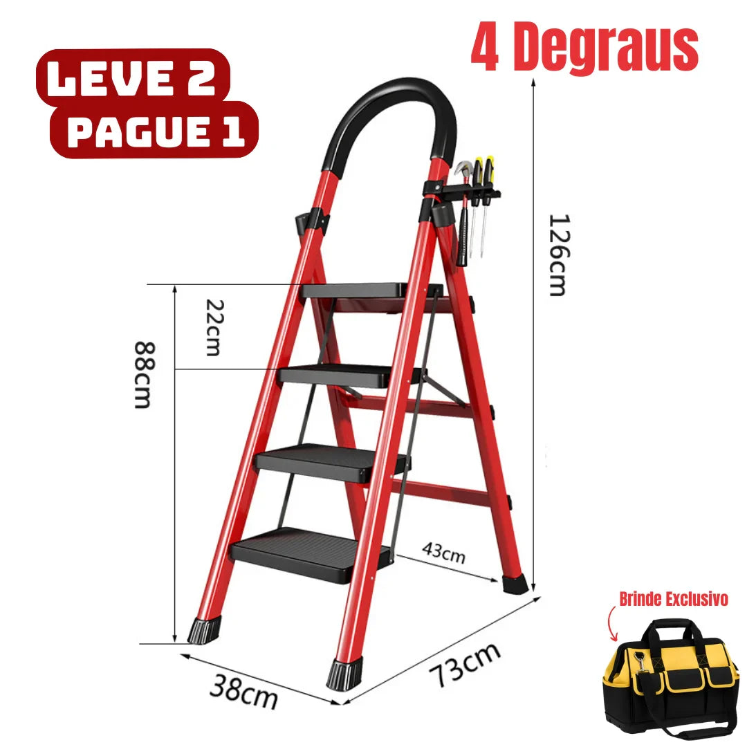 [Leve 2 Pague 1] Escada Dobrável Antiderrapante RedMax de Aço 100% Segura + BRINDE: Bolsa de Ferramentas Multitarefas