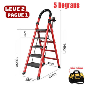 [Leve 2 Pague 1] Escada Dobrável Antiderrapante RedMax de Aço 100% Segura + BRINDE: Bolsa de Ferramentas Multitarefas