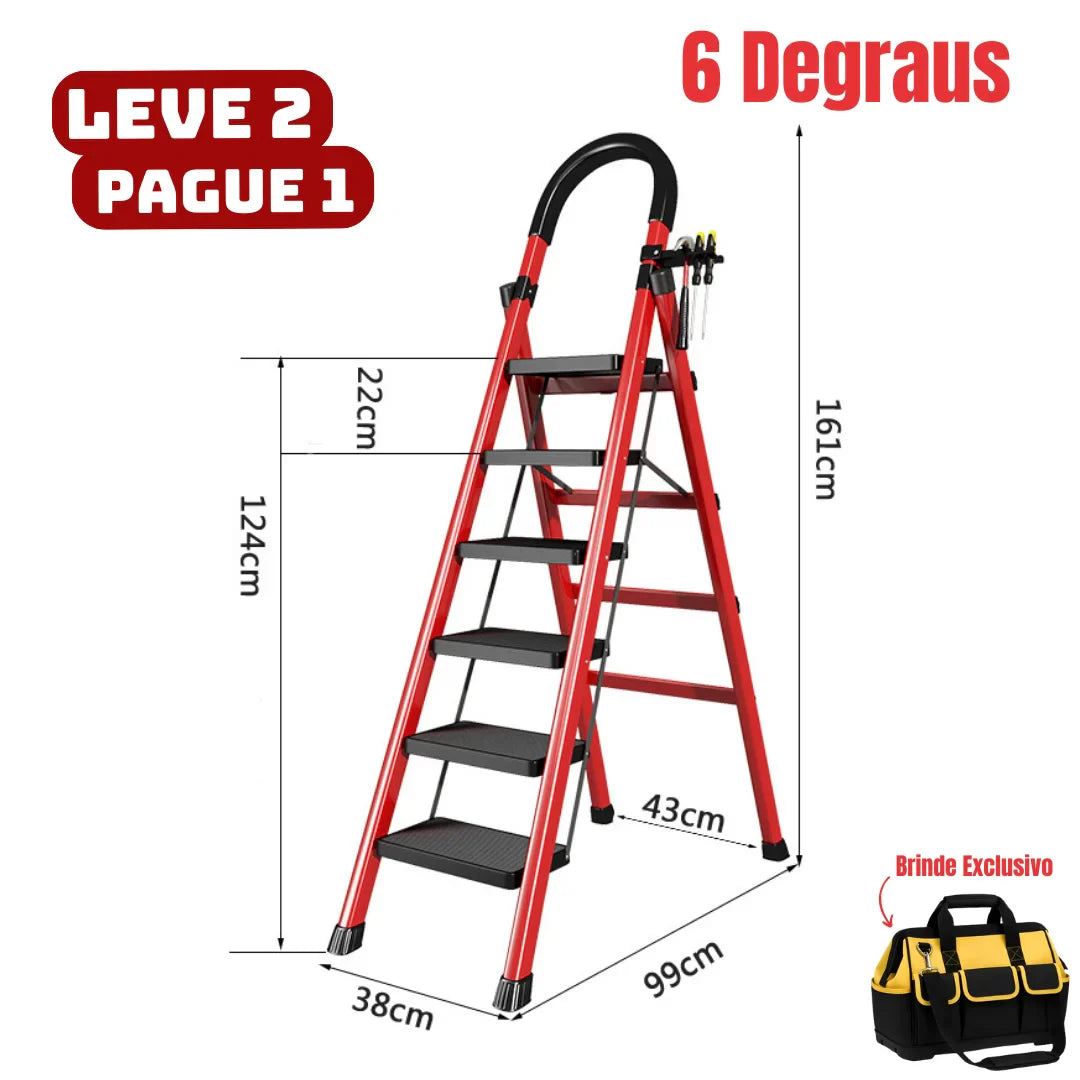 [Leve 2 Pague 1] Escada Dobrável Antiderrapante RedMax de Aço 100% Segura + BRINDE: Bolsa de Ferramentas Multitarefas