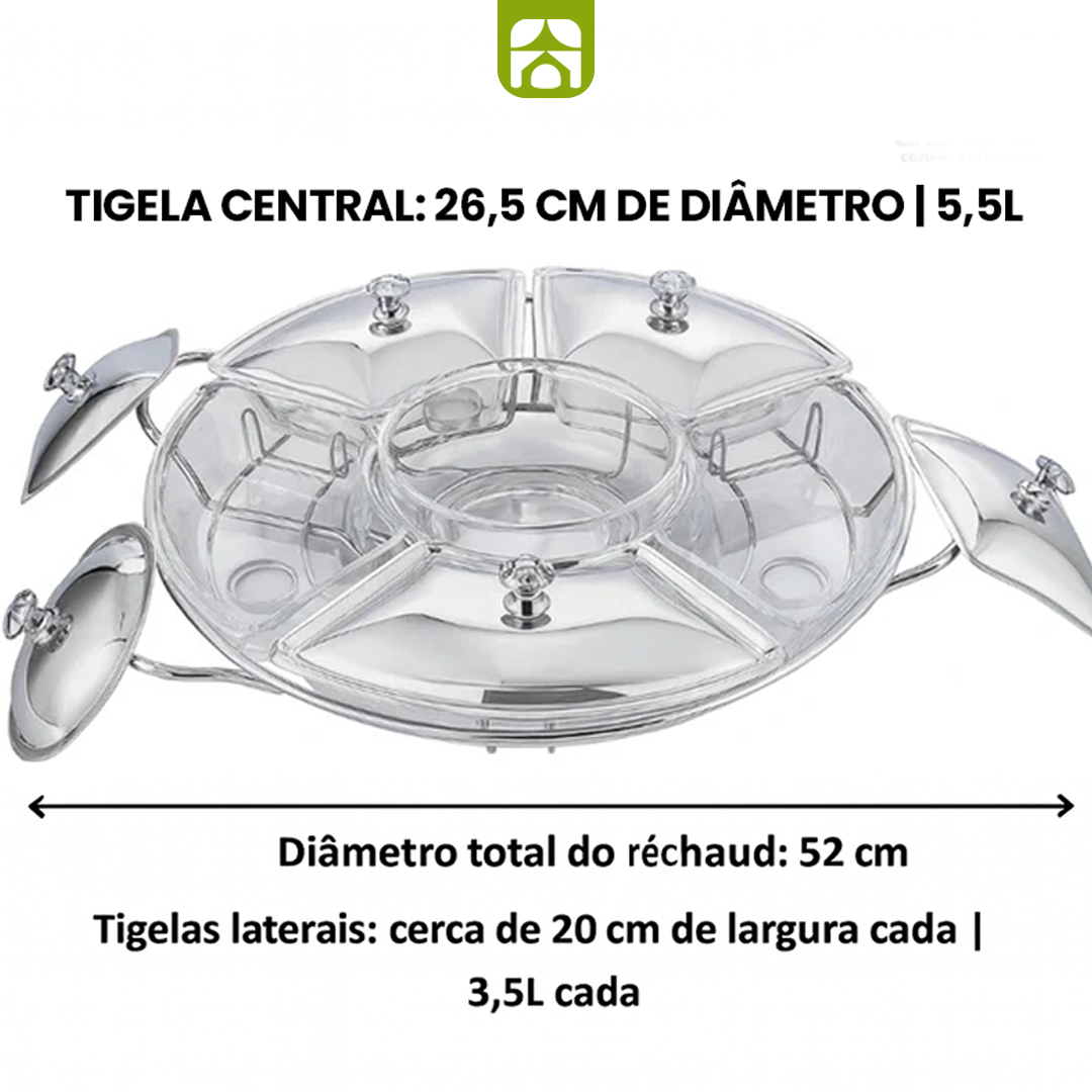 Rechaud Giratório Com 6 Compartimentos Aço Inox e Vidro 52cm