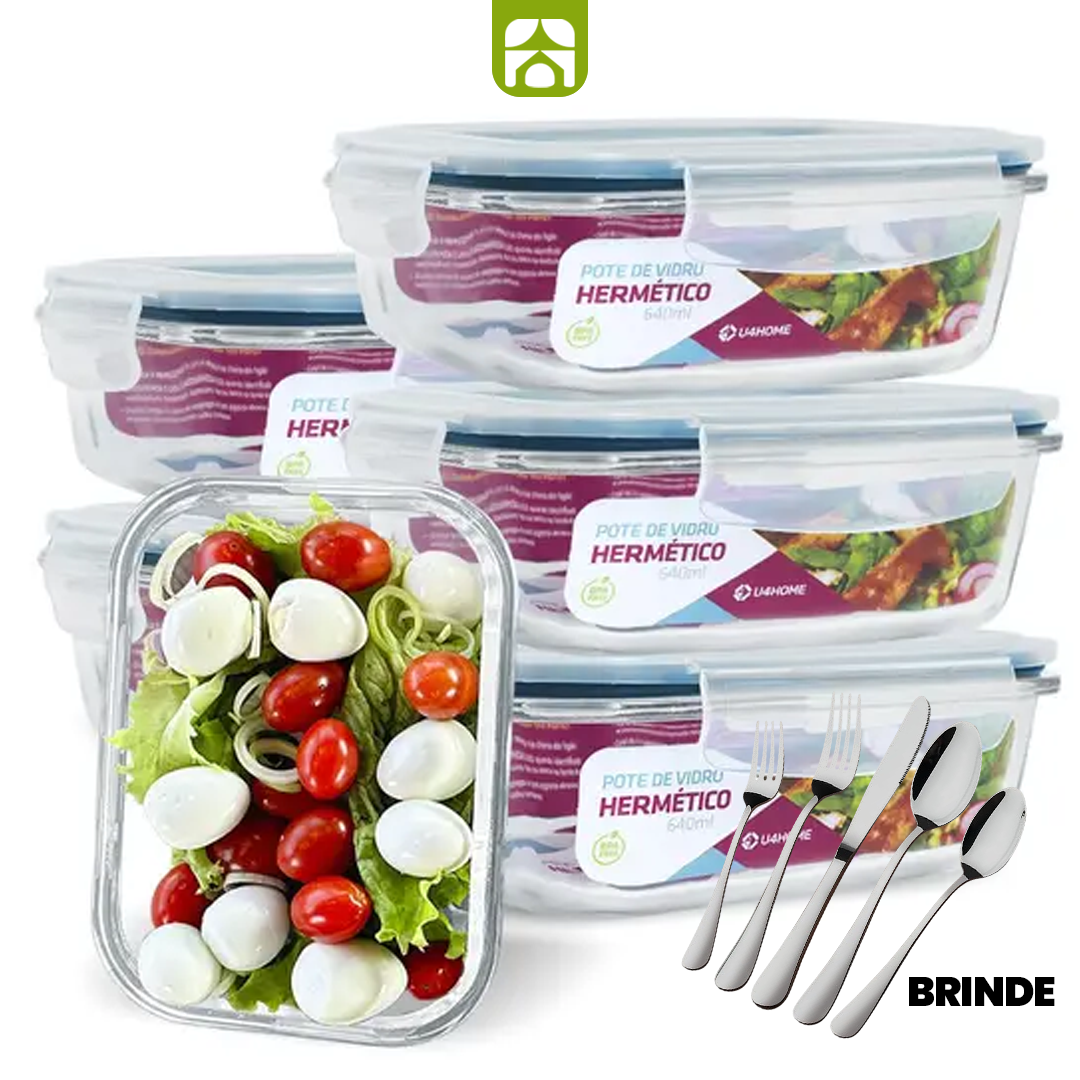 Kit 15 Potes Herméticos de Vidro + 30 Talheres de aço inoxidável de BRINDE