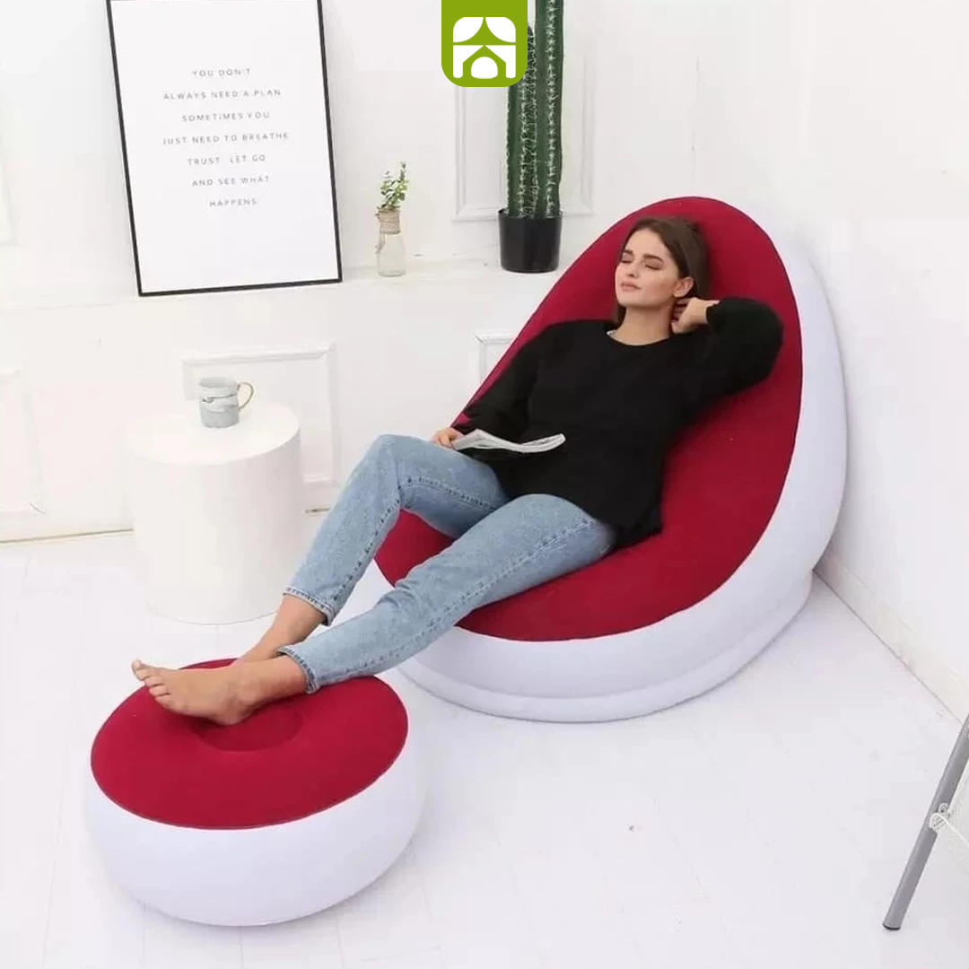 Conjunto Poltrona Inflável com Puff + Bomba de Ar Elétrica de Brinde