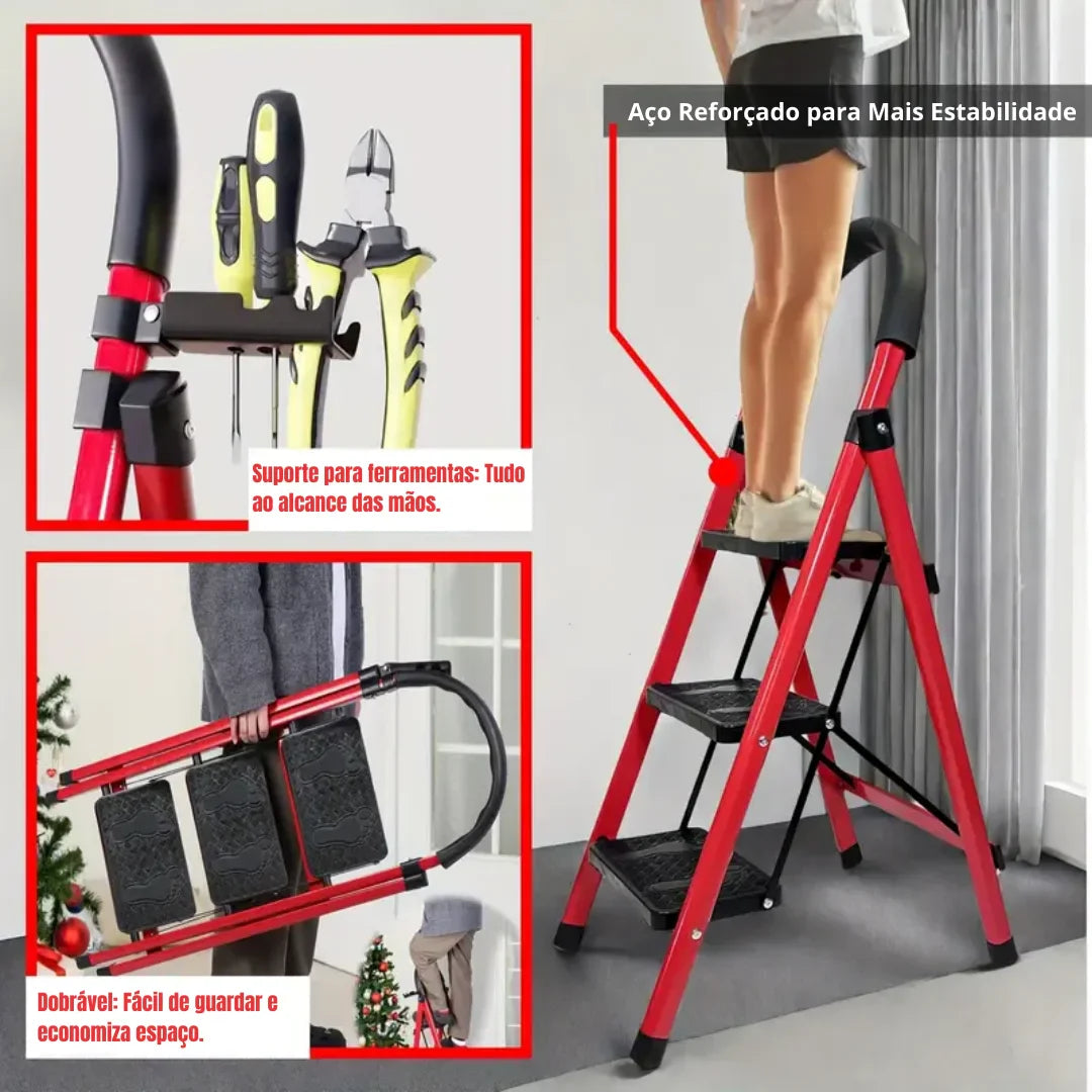 [Leve 2 Pague 1] Escada Dobrável Antiderrapante RedMax de Aço 100% Segura + BRINDE: Bolsa de Ferramentas Multitarefas