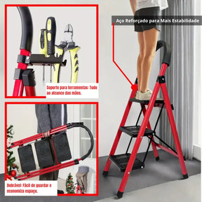[Leve 2 Pague 1] Escada Dobrável Antiderrapante RedMax de Aço 100% Segura + BRINDE: Bolsa de Ferramentas Multitarefas
