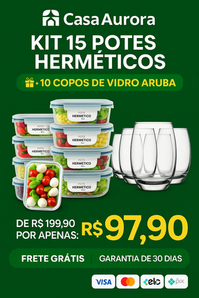 Kit 15 Potes Herméticos de Vidro + 10 Copos de Vidro Aruba de Brinde