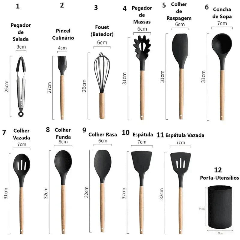 Kit Completo 12 Utensílios de Cozinha — Silicone Premium, Não Risca Panelas e Resiste a Altas Temperaturas